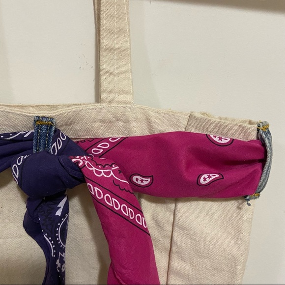 Handmade Denim Jeans Pocket Pink and Purple Bandana Tote Bag - Picture 4 of 6